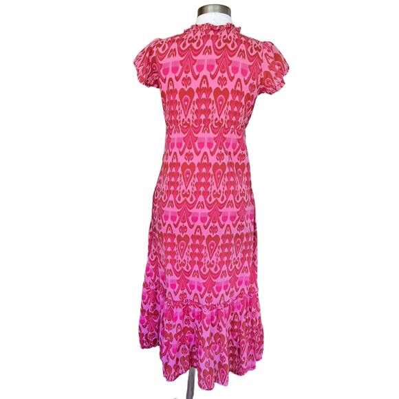 LA PLAGE Mallory Short Sleeve Tiered Maxi Dress XS Pink Red Woodblock Resort - Picture 4 of 9